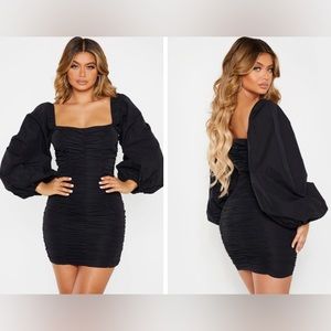 PrettyLittleThing Black Balloon Sleeve Ruched Bodycon Dress Size 4